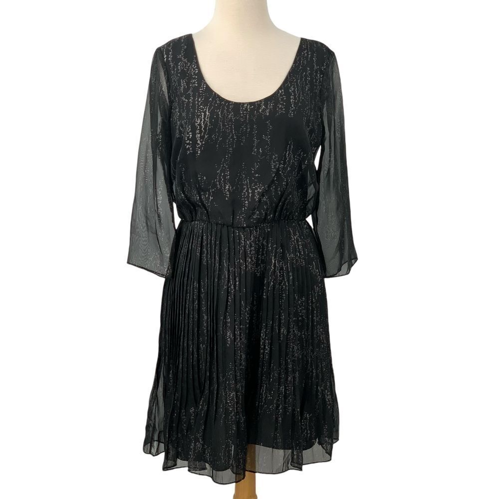 Marc New York Women's 3/4 Sleeve Black Shimmer‎ Pleated Chiffon Dress Size 8